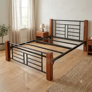 Industrial-Style Metal and Solid Wood 5ft by 6ft Hybrid Bed Frame