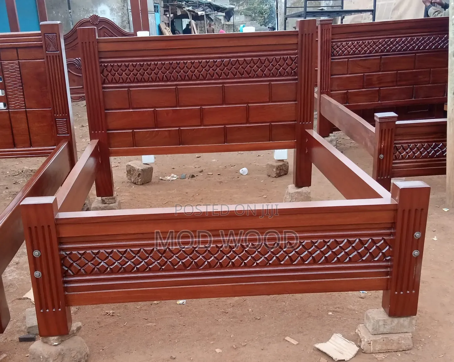 Handcrafted Solid 5ft by 6ft Wood Bed Frame With Carved Accents