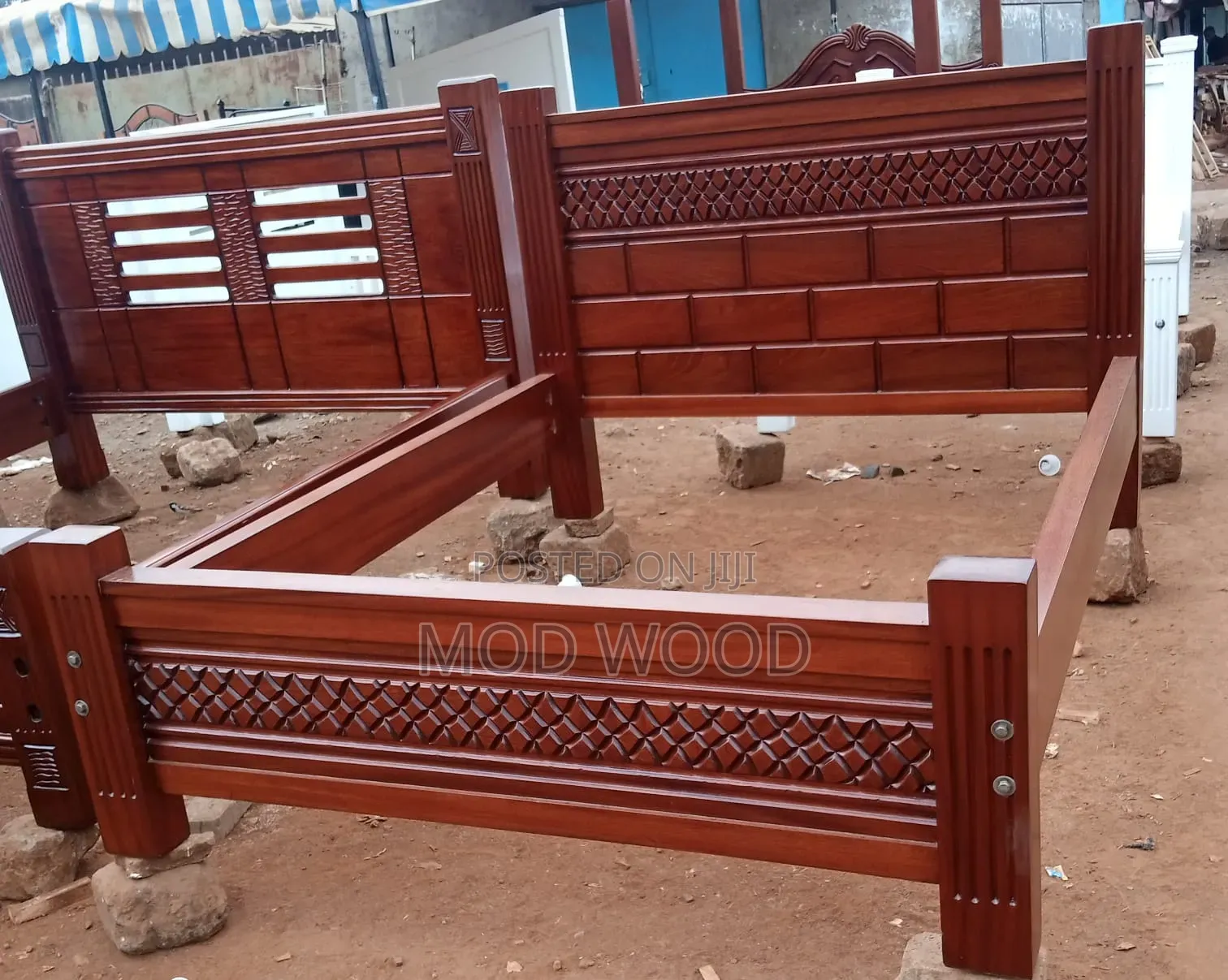Handcrafted Solid 5ft by 6ft Wood Bed Frame With Carved Accents