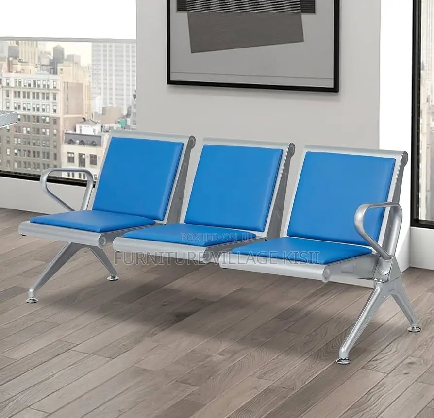 Office Bench; 3-Link Padded Blue Reception Bench