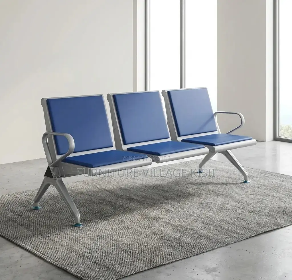 Office Bench; 3-Link Padded Blue Reception Bench
