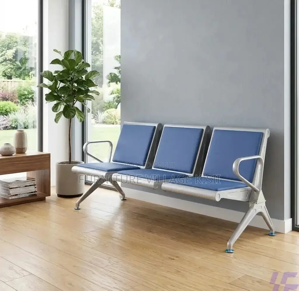 Office Bench; 3-Link Padded Blue Reception Bench