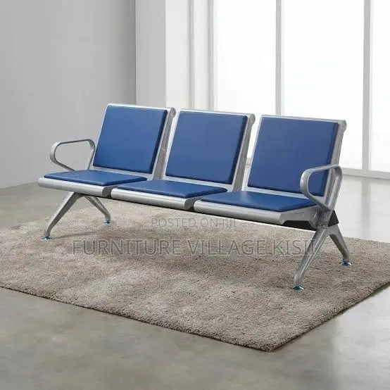 Office Bench; 3-Link Padded Blue Reception Bench