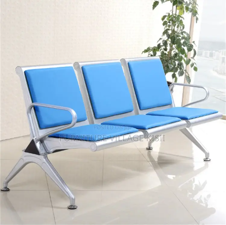 Office Bench; 3-Link Padded Blue Reception Bench