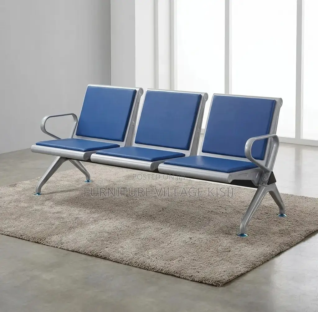 Office Bench; 3-Link Padded Blue Reception Bench