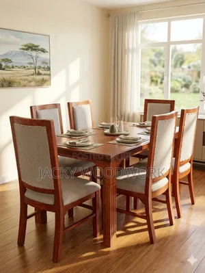 Solid Mahogany 6-Seater Dining Table Upholstered Chairs Set