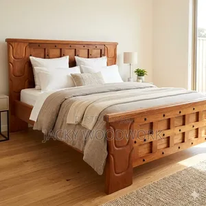 Handcrafted Solid Wood Grid-Panel Bed Frame