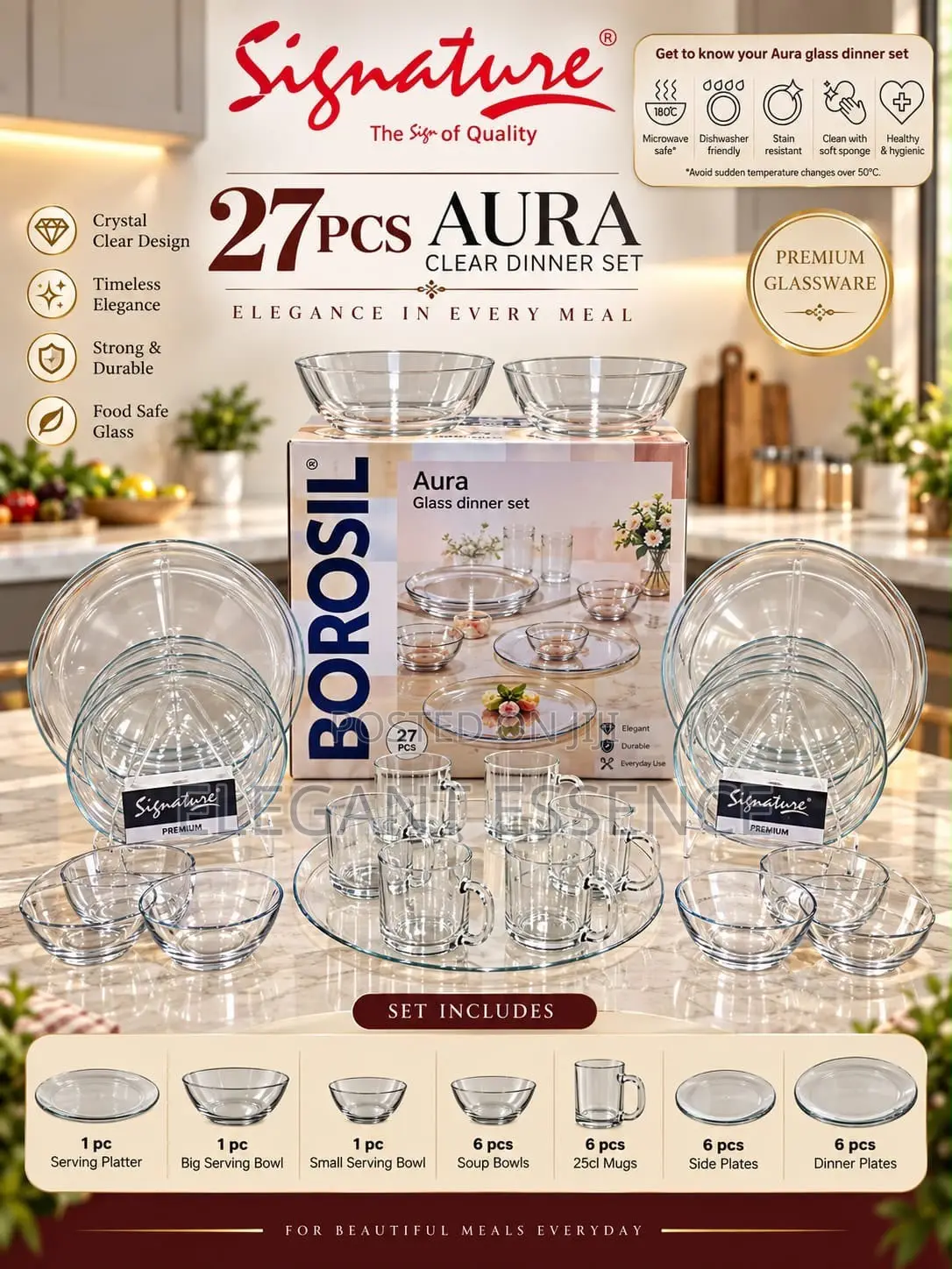 Signature Borosil 27Pcs Aura Clear Glass Dinner Set