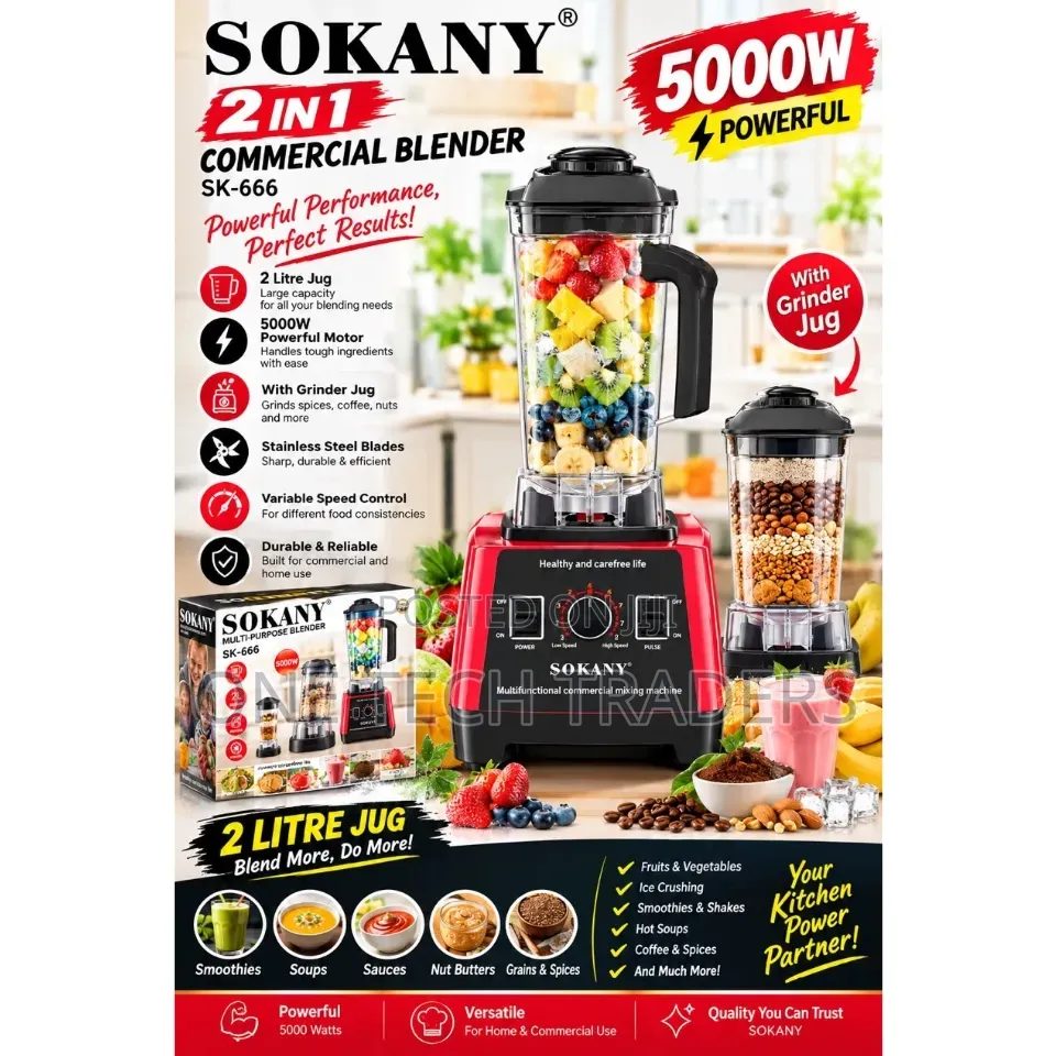 Blender 2litres, Sokany 2 in 1 5000watts Commercial Blender