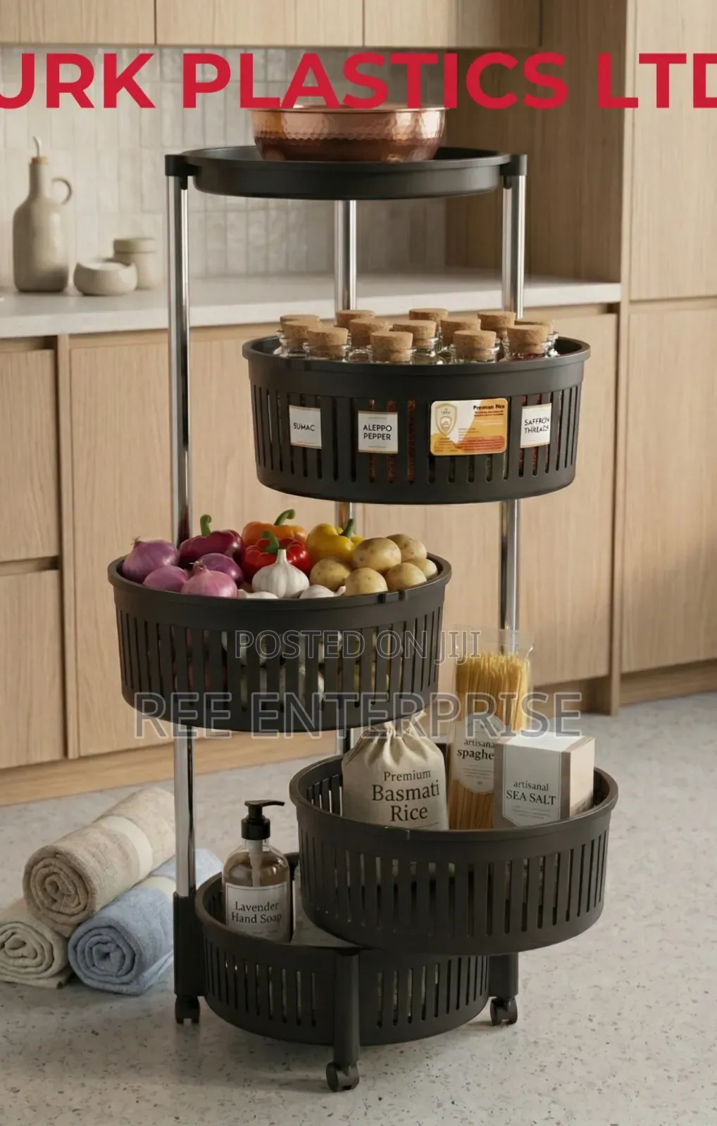 Urk Rotatable 4-Tier Fruit Rack With Wheels