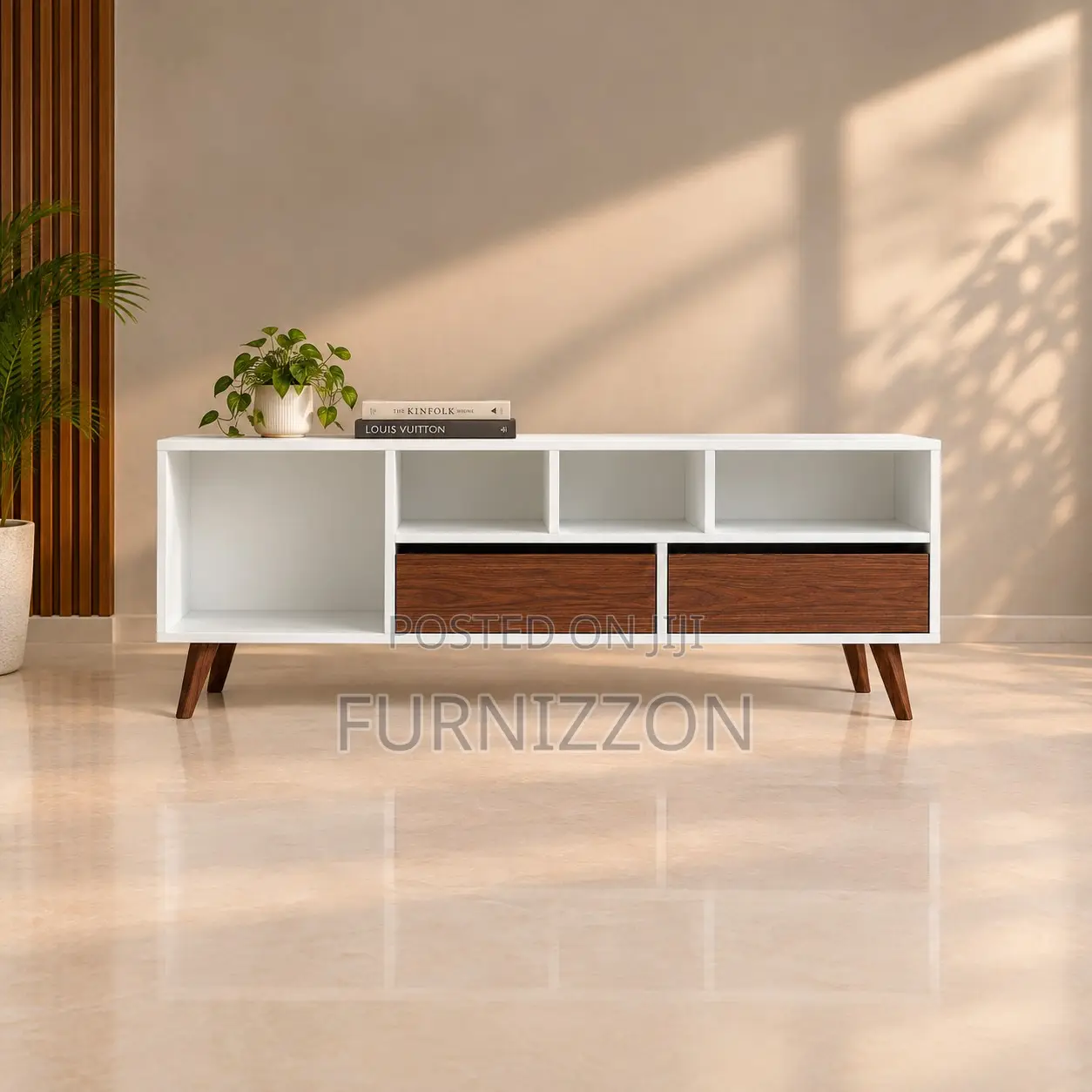 White TV Stand With Walnut Drawers