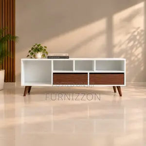 White TV Stand With Walnut Drawers