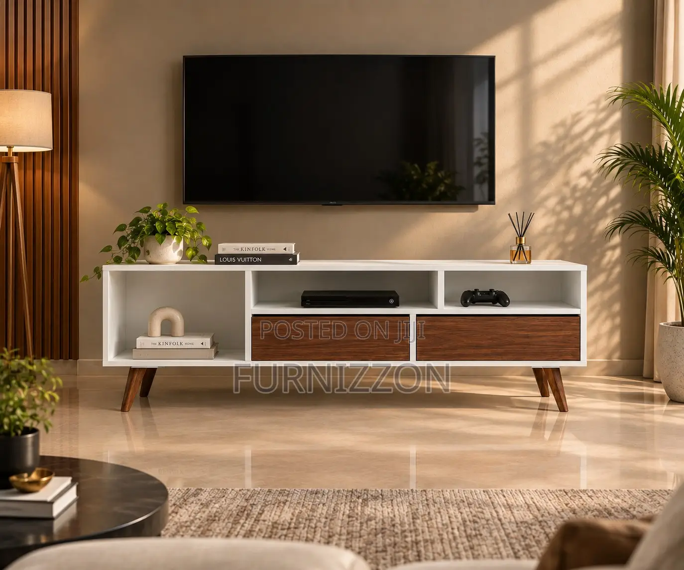 White TV Stand With Walnut Drawers