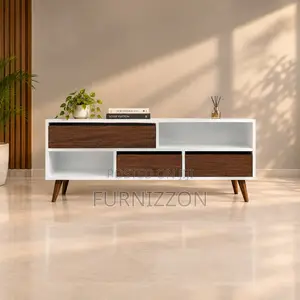 White TV Stand With Triple Walnut Drawers