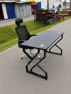 Black Reading Table With Metallic Base and Office Chair