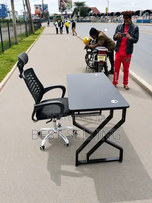 Black Reading Table With Metallic Base and Office Chair