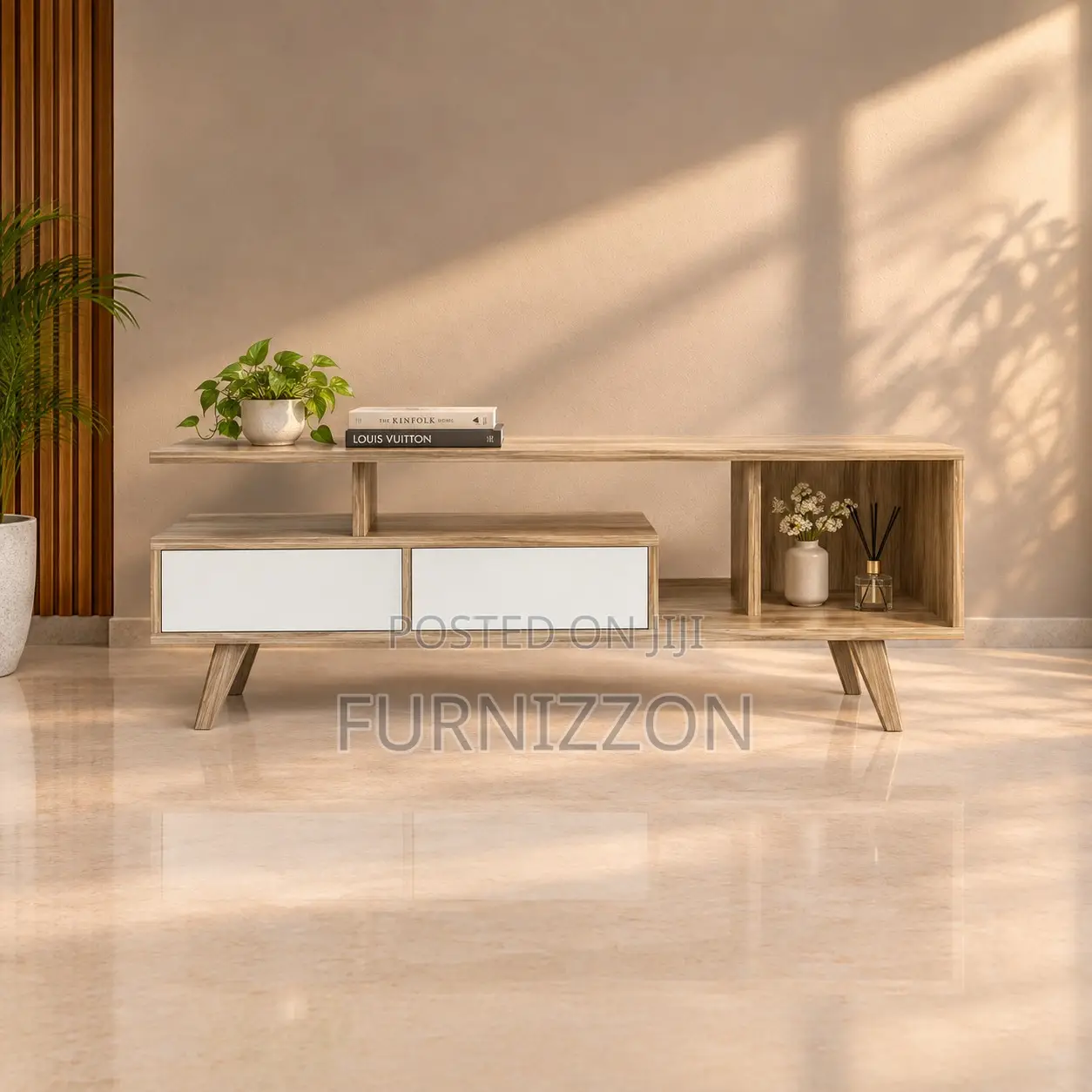 Light Wood TV Stand With White Drawers