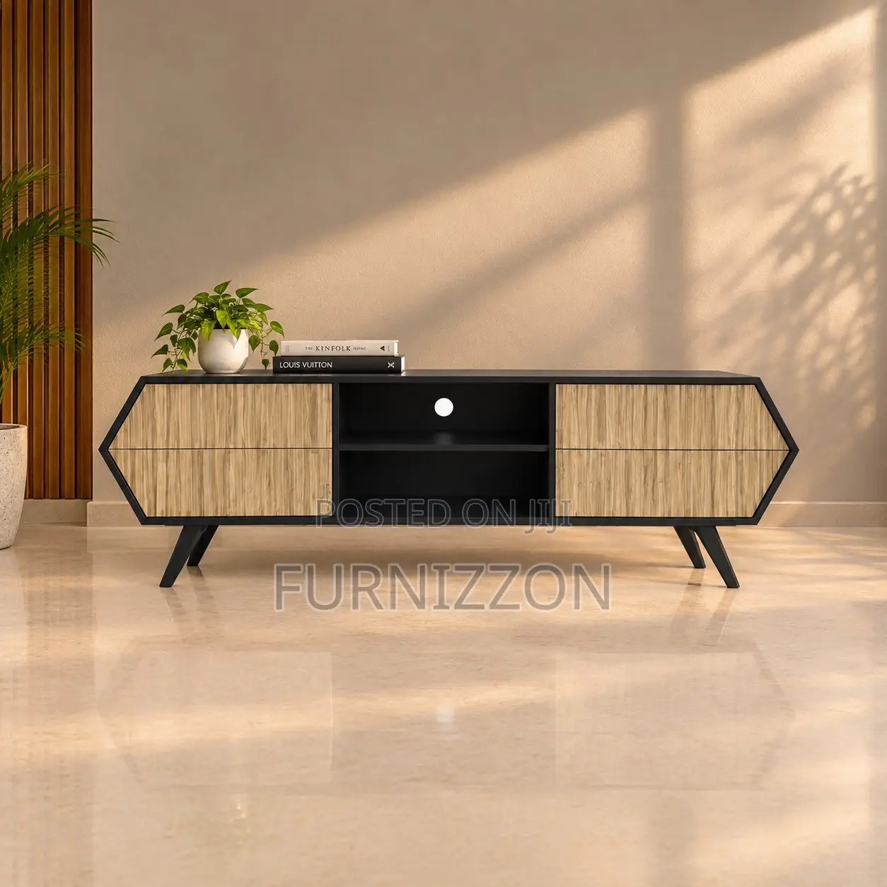 Black Wood Geometric TV Stand