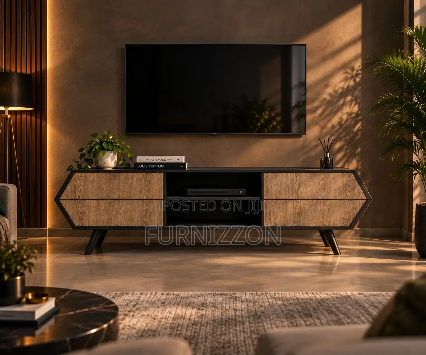 Black Wood Geometric TV Stand