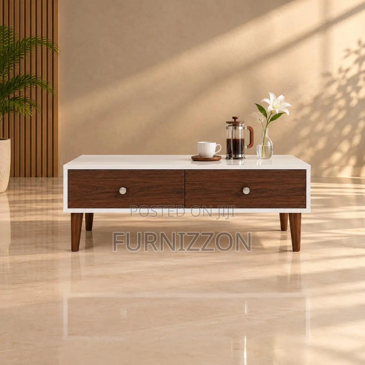 White Walnut Coffee Table With Twin Drawer