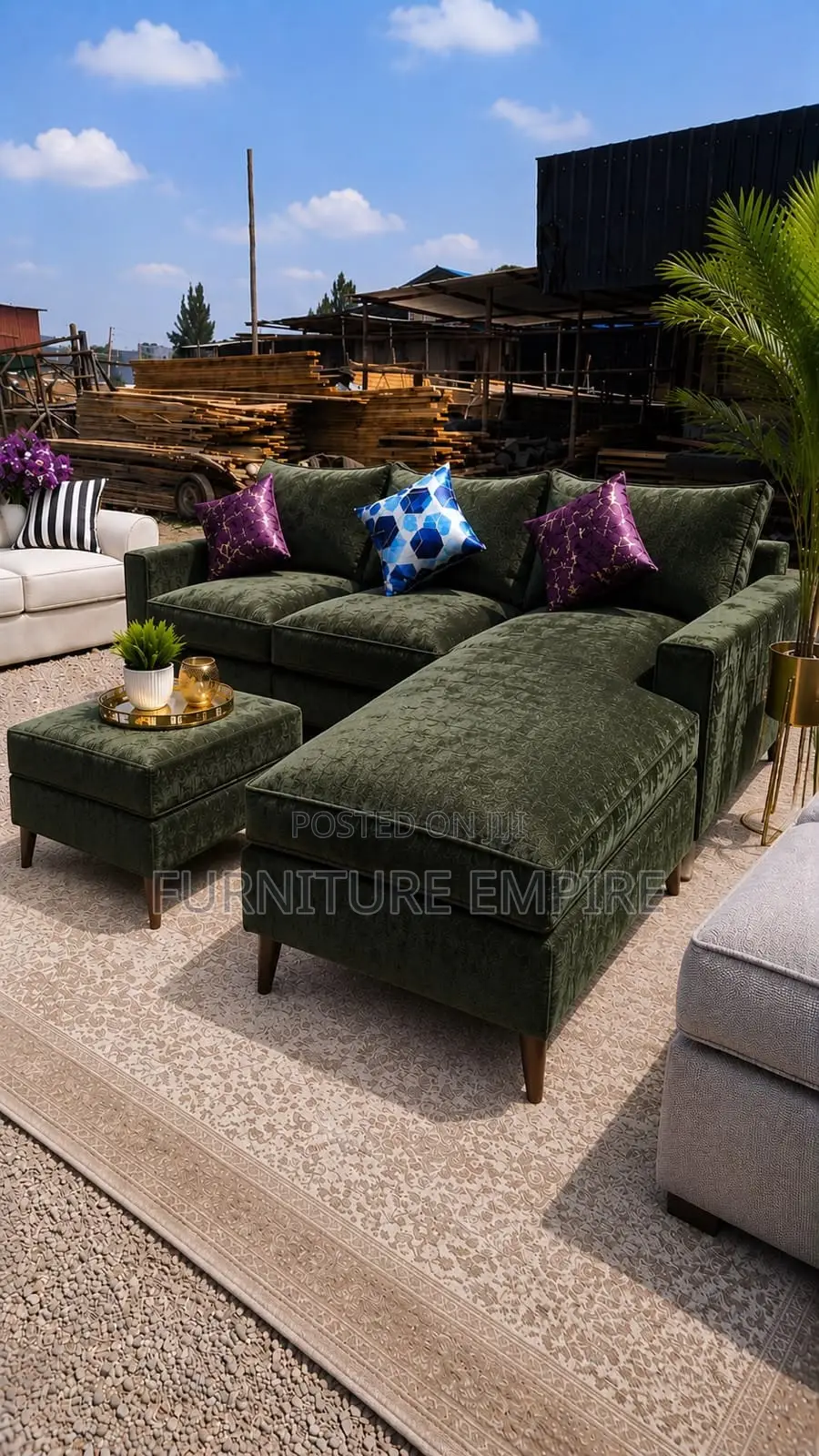 6 Seater L-Shaped Sofa Green Velvet Luxury