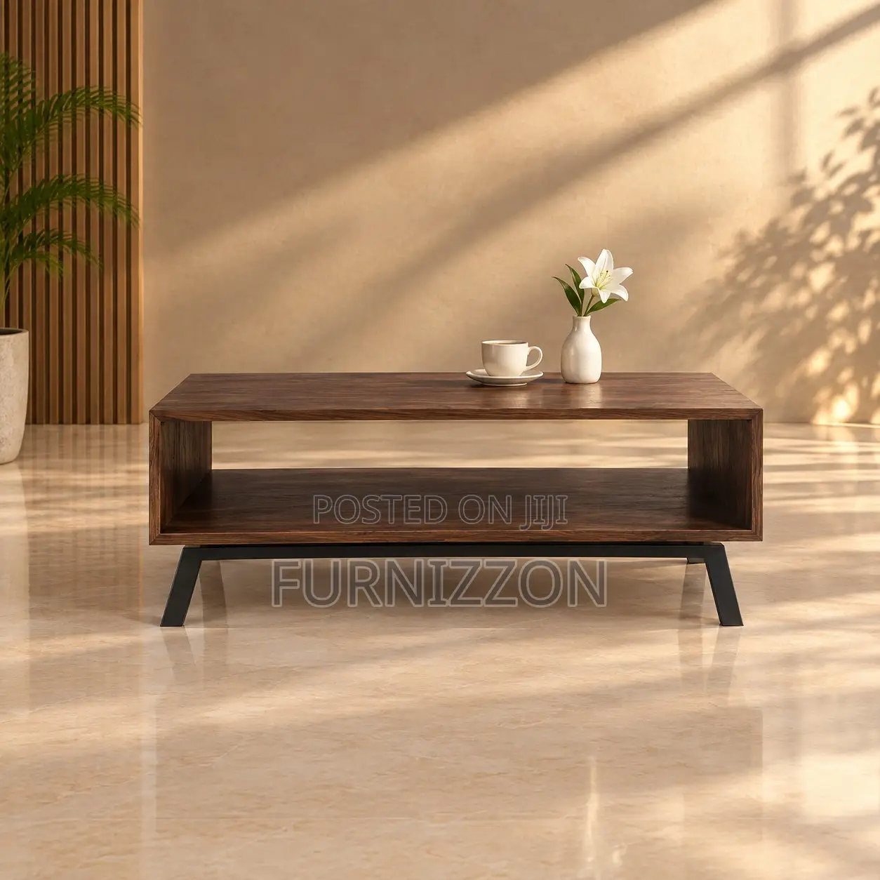 Walnut Coffee Table With Angled Metal Legs