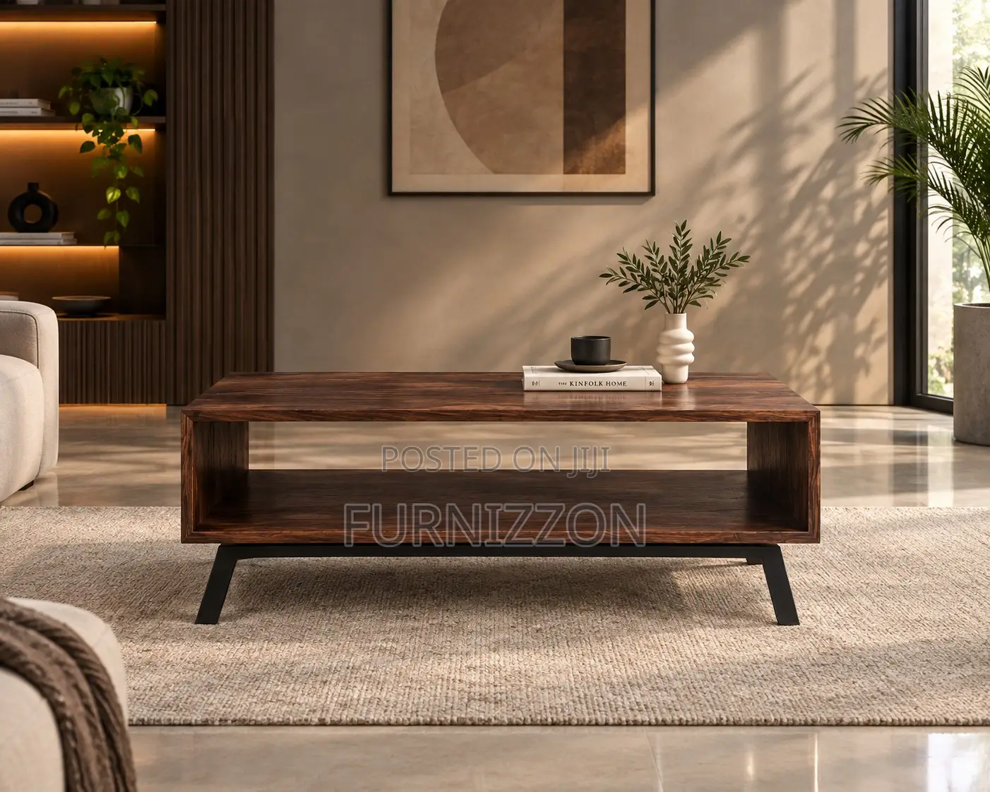 Walnut Coffee Table With Angled Metal Legs