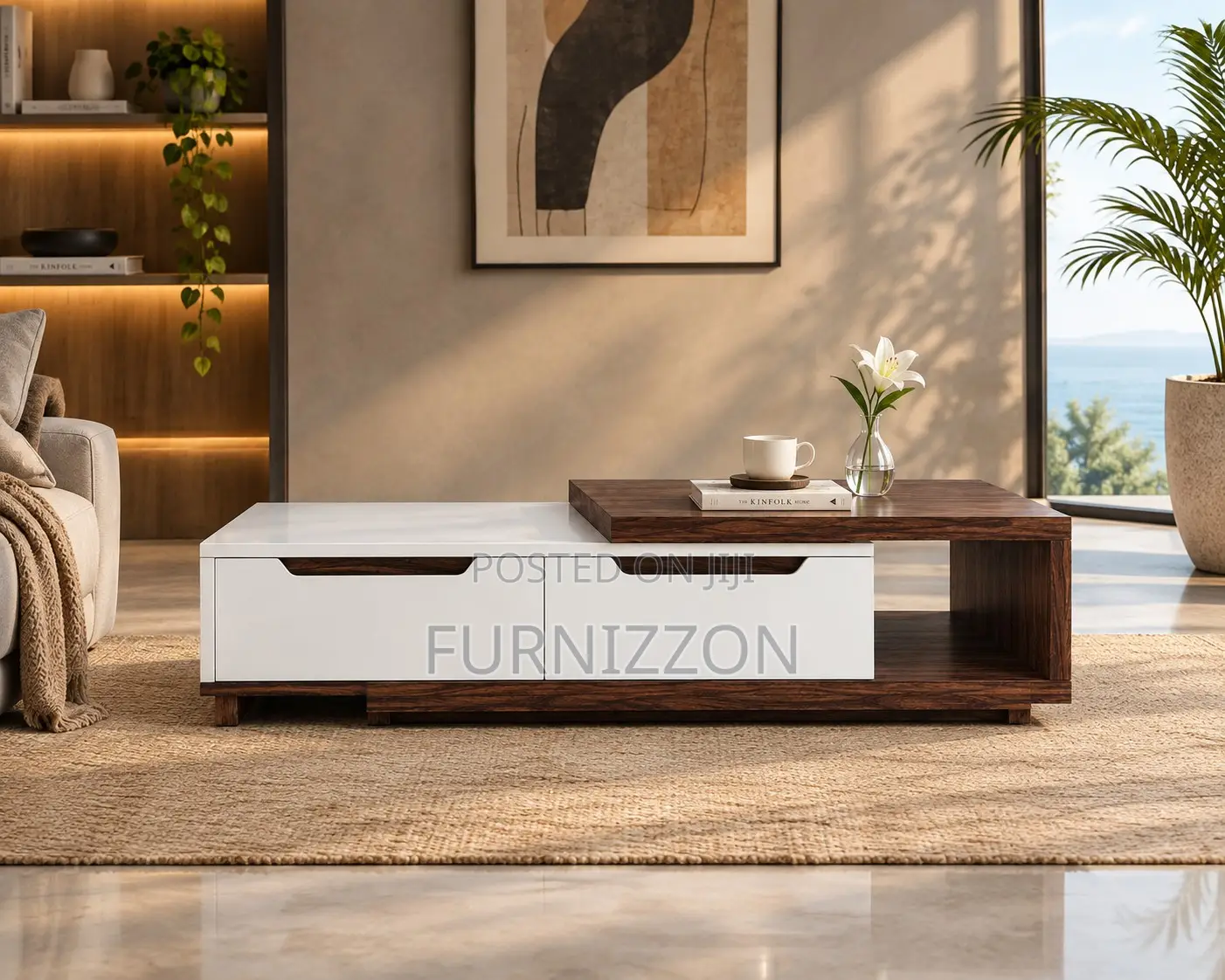 White Walnut Coffee Table With Double Drawers