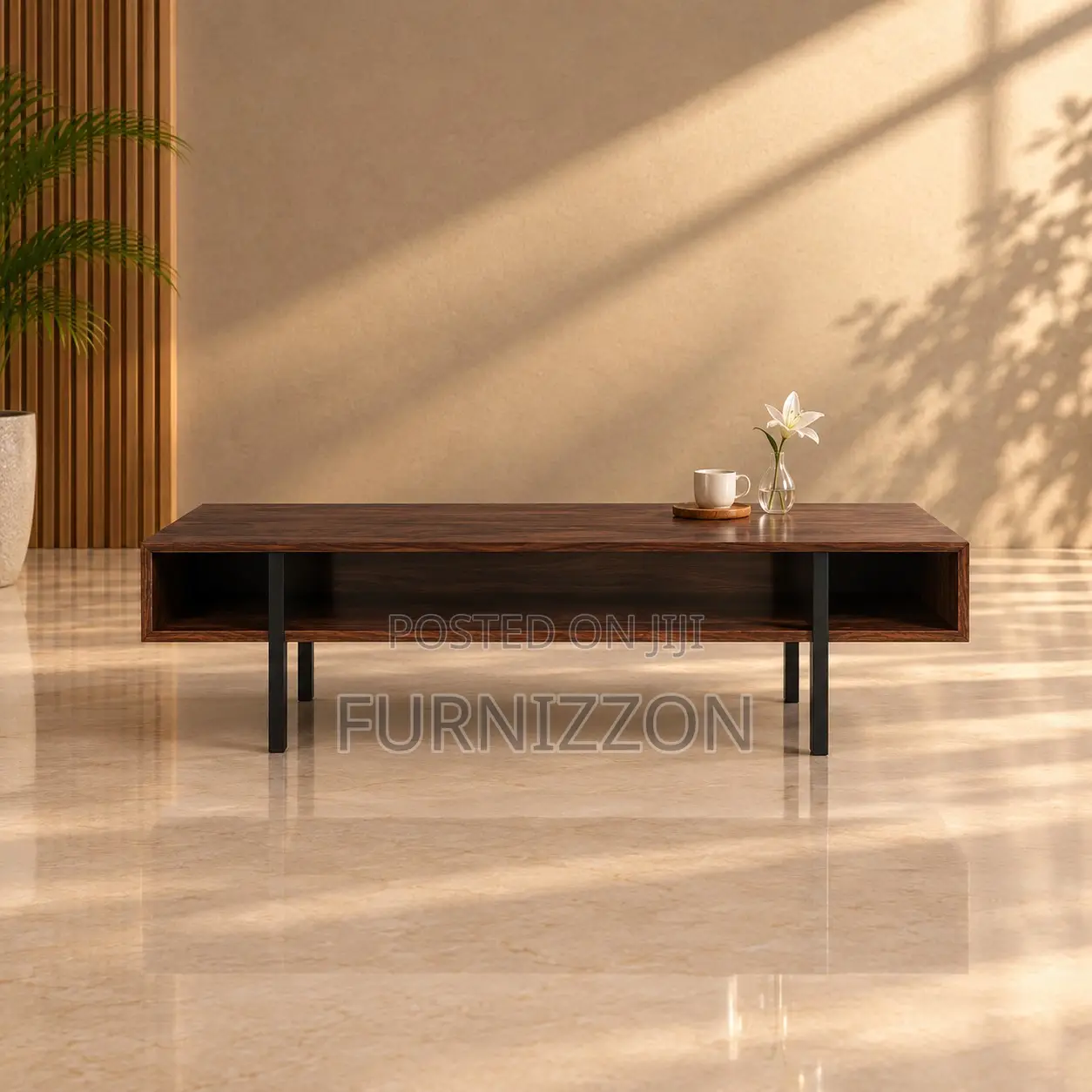 Walnut Coffee Table With Slim Metal Legs