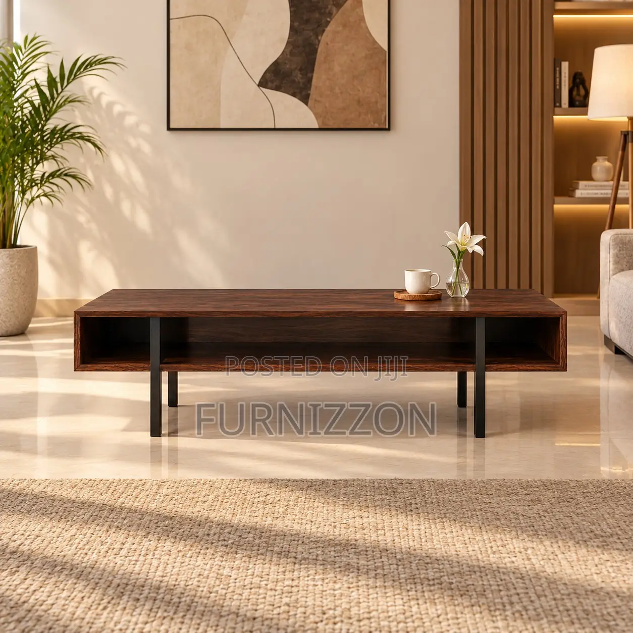 Walnut Coffee Table With Slim Metal Legs