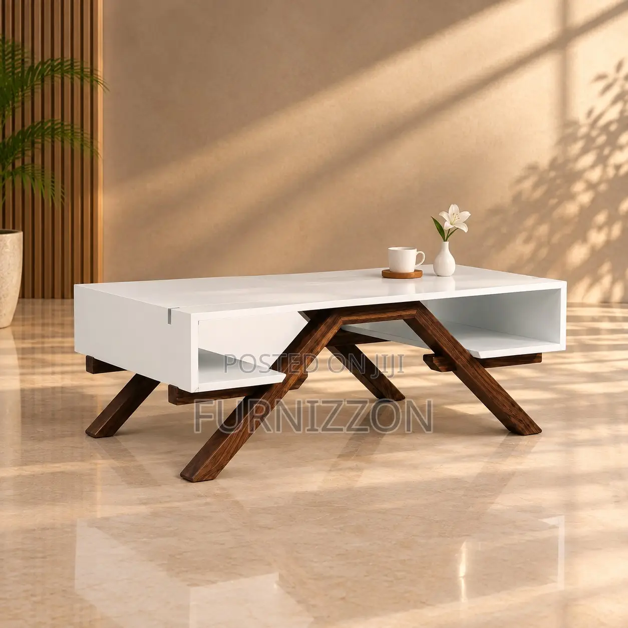 White Coffee Table With Crossed Wood Legs