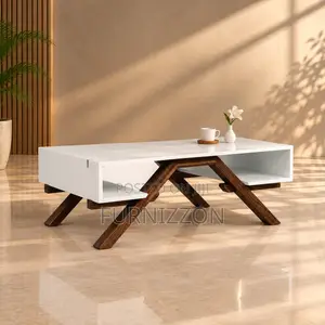 White Coffee Table With Crossed Wood Legs