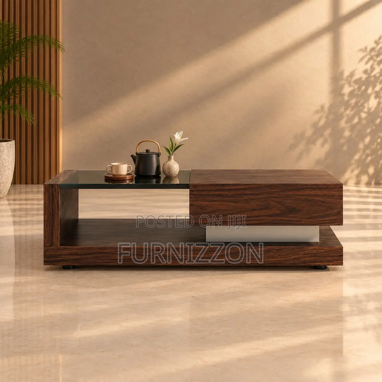 Walnut Coffee Table With Glass Floating Block