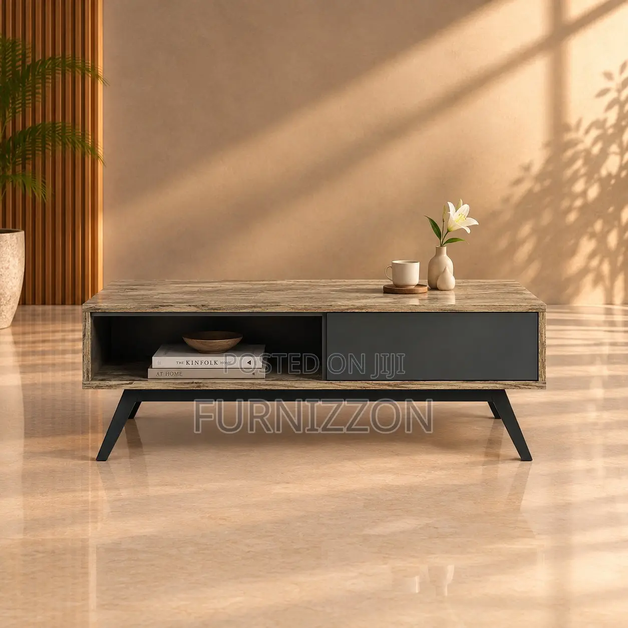 Stone-Finish Coffee Table With Grey Drawer