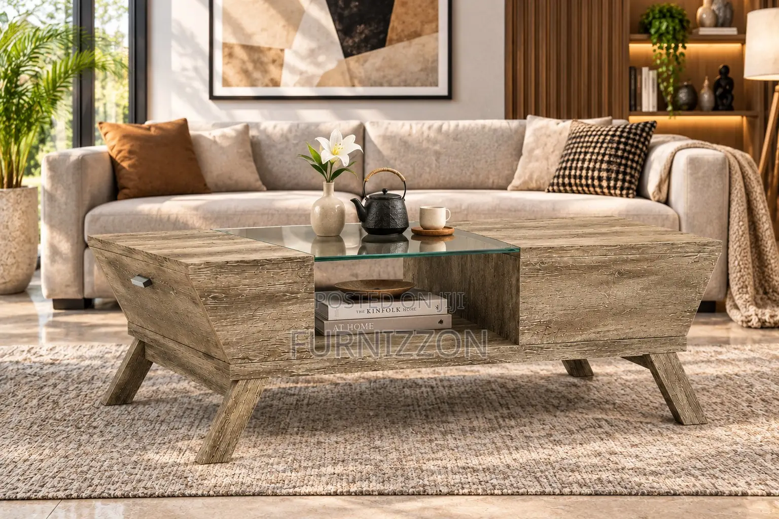 Rustic Oak Coffee Table With Glass Center