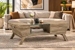 Rustic Oak Coffee Table With Glass Center