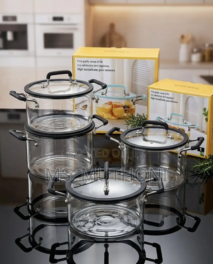 4 PCs Set Borosilicate Glass Cooking Pots With Insulated Handles