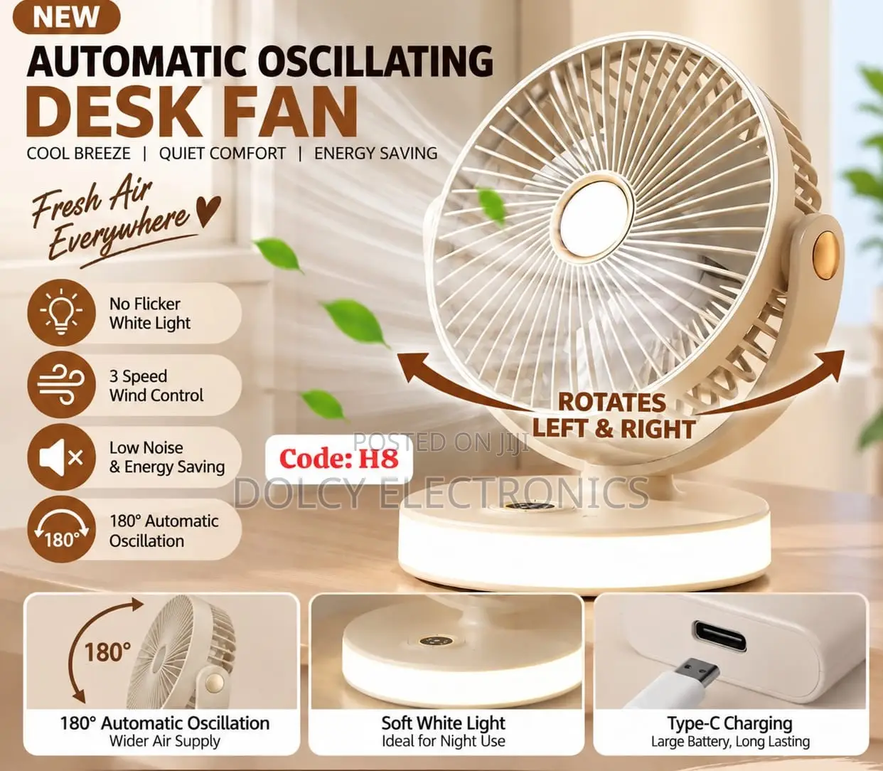 Automatic Oscillating Desk Fan H8