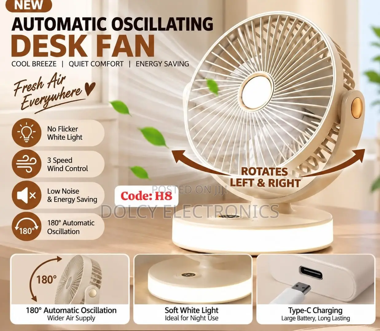 Automatic Oscillating Desk Fan H8