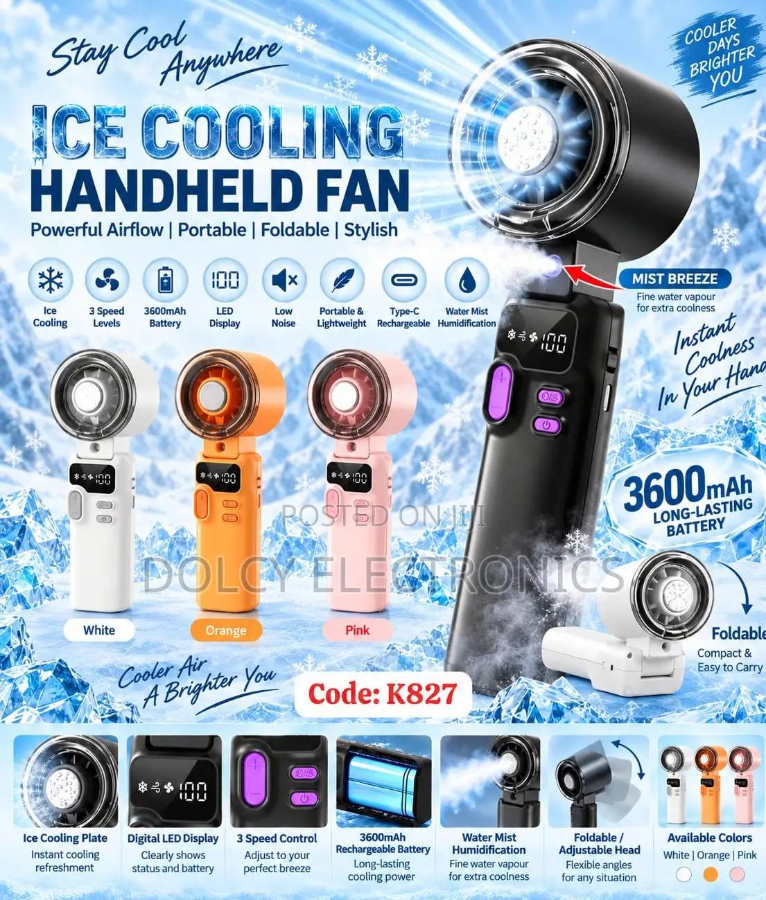 Ice Cooling Handheld Fan With Mist Breeze 