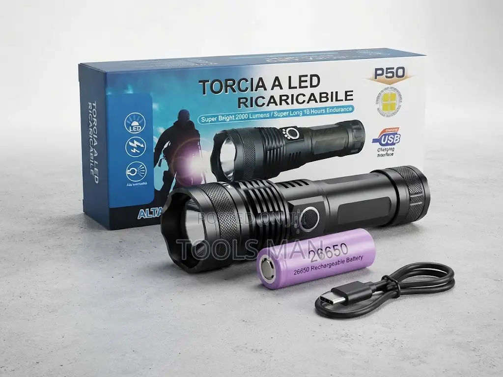 Torcia P50 High Power LED Flashlight 2000lm +26650 Battery USB Torch