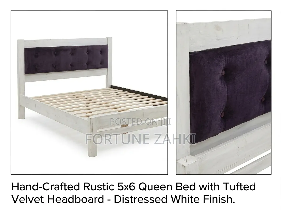 Handcrafted Rustic 5x6 Queen Bed, Tufted Velvet Headboard