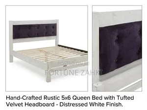Handcrafted Rustic 5x6 Queen Bed, Tufted Velvet Headboard