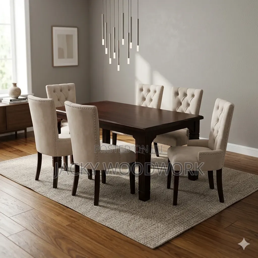 Elegant 6-Seater Hardwood Dining Table Set With Tufted Velvet Chairs