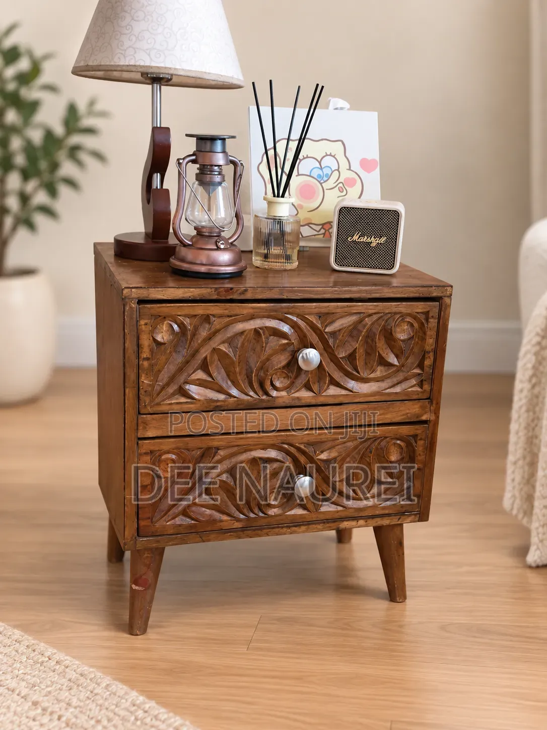 Vintage Stained Wood 2-Drawer Side Cabinet
