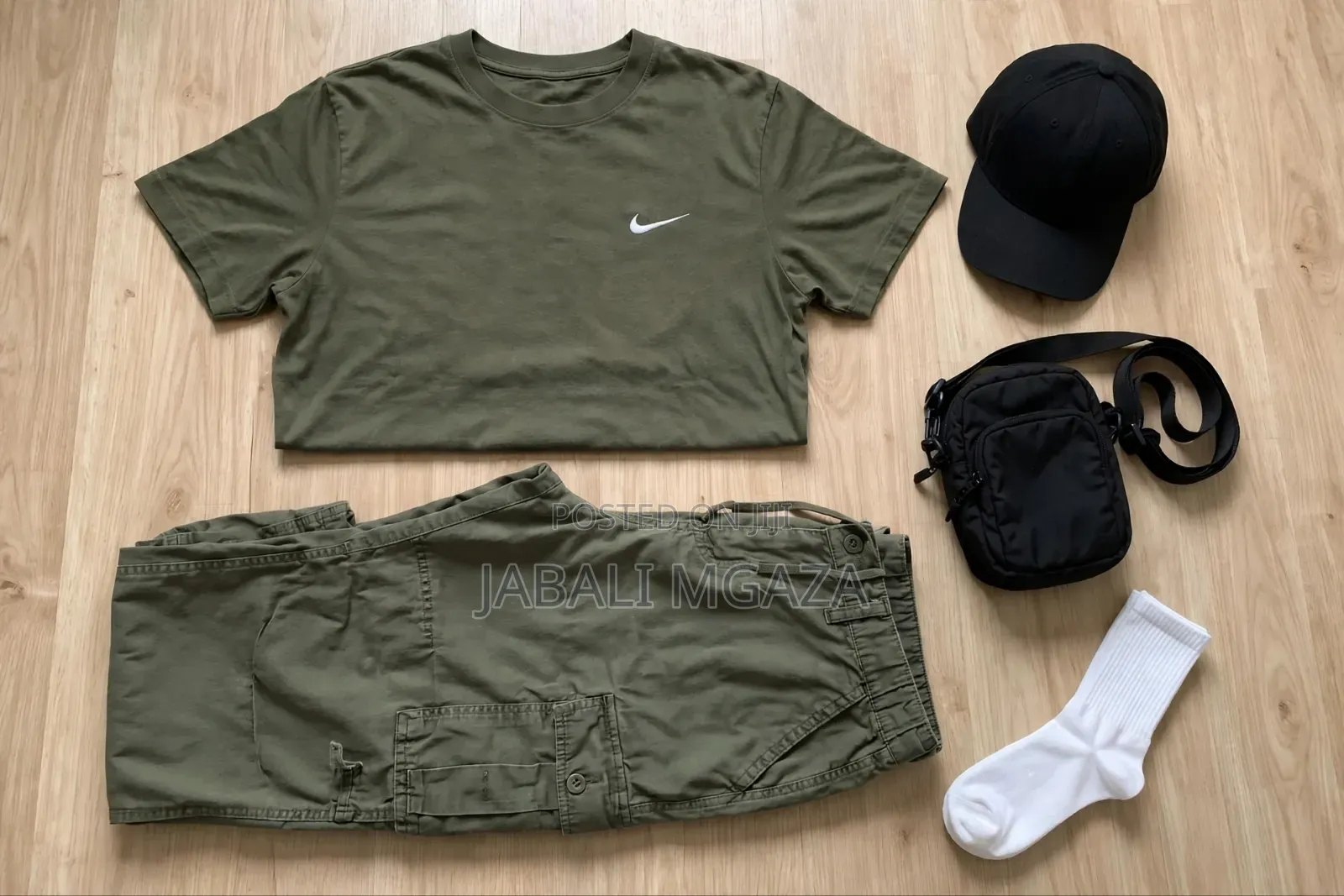 Military Green and White Casual Set - T-Shirt + Cargo Pants - Unisex