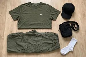 Military Green and White Casual Set - T-Shirt + Cargo Pants - Unisex