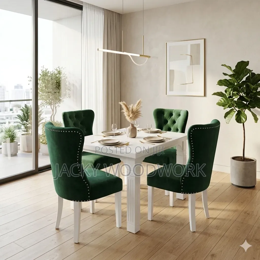 Luxury 4-Seater Emerald Green Velvet Dining Set – Pristine White Table