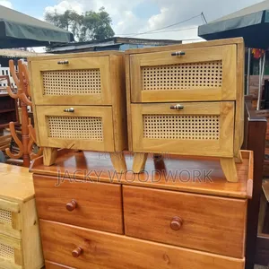 Premium Boho-Chic Hardwood Bedside Drawers With Rattan