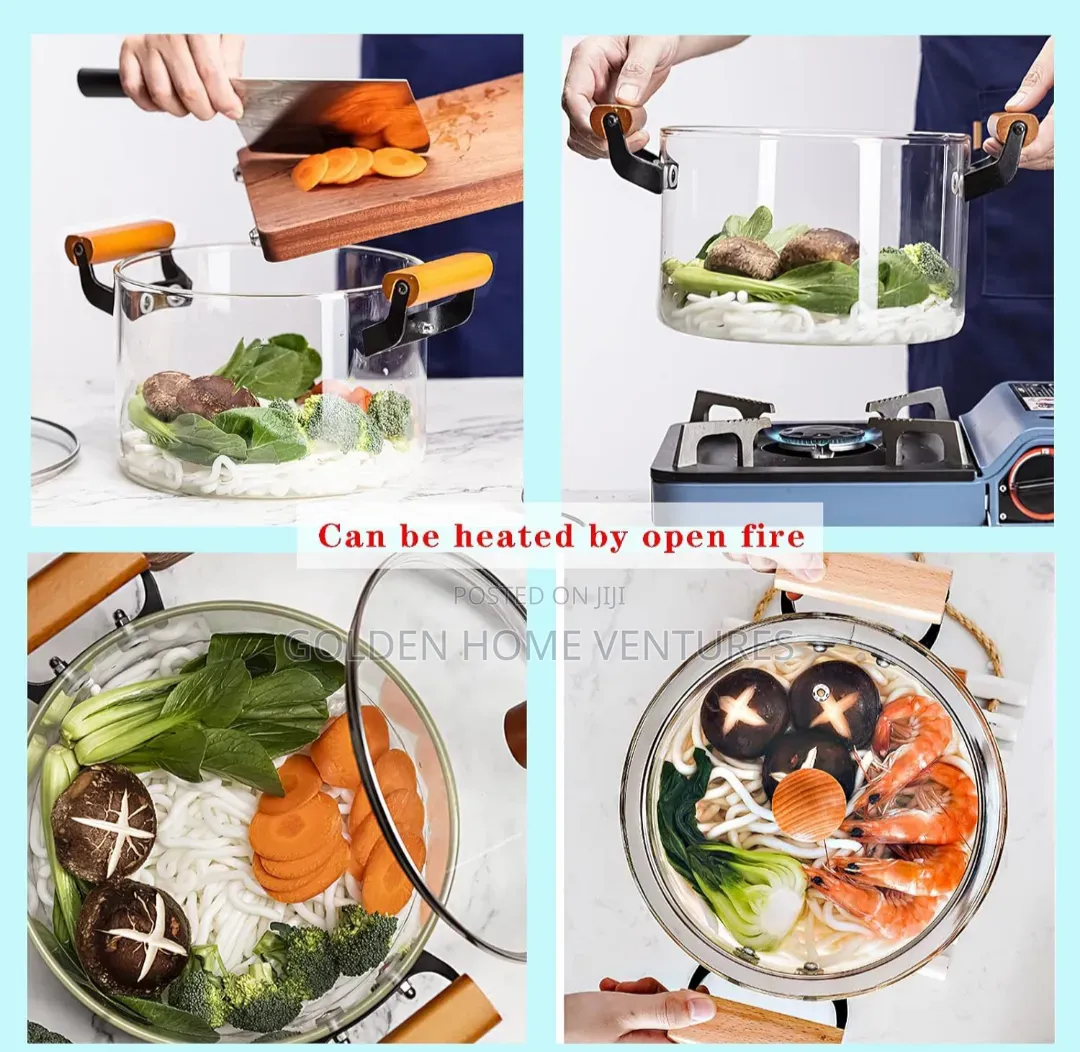 2.5L Transparent Glass Cooking Pot Heat Resistant With Wooden Handles